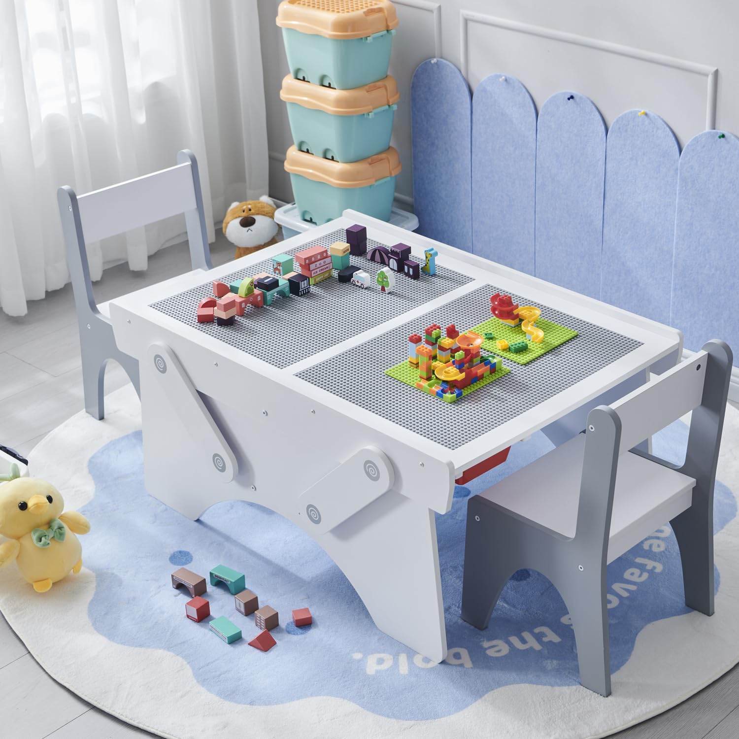 IFBUY 35" Wide Toddler Table and 2 Chairs Set with Storage Drawer, Kids Wooden Activity Desk for Ages 3-10, Compatible with Most Building Blocks, for Boys and Girls, Light Grey