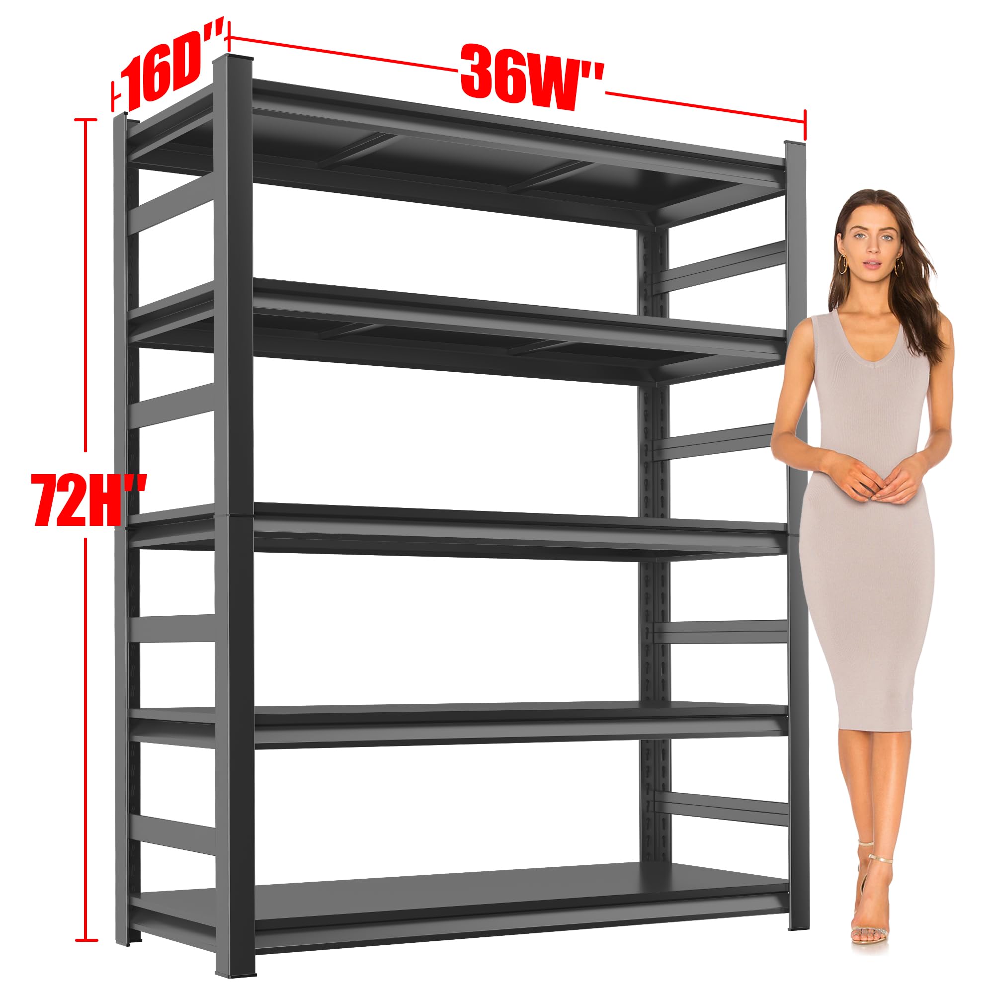 Metal Garage Shelving Unit, Heavy Duty 5-Tier Adjustable Storage Rack, Steel Frame, 3000 lbs Capacity, Industrial Strength Shelves for Heavy Tools and Equipment, Ideal for Garage, Basement, Black, 72"