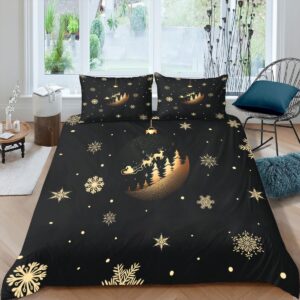 CCoutueChen Merry Christmas Soft Duvet Cover Queen Black Christmas Snowflakes Comforter Cover Happy New Year Farmhouse Decor Xmas Duvet Cover Set 3 Piece(2 Pillowcases, No Comforter)