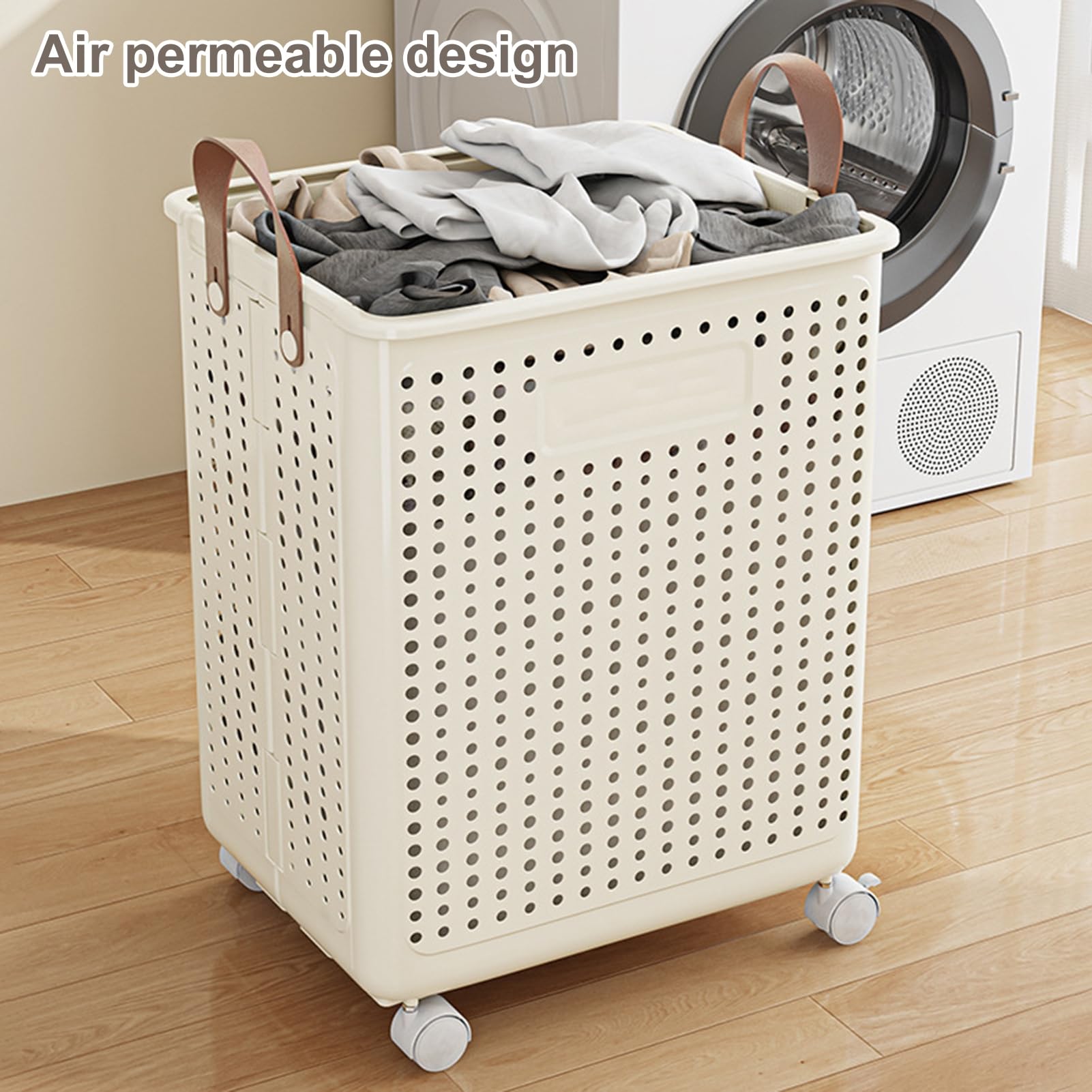 SamFansar Laundry Basket with Wheels, Large Capacity Handle Design, Waterproof Dirty Clothes Storage Hamper Laundry Basket with Breathable Mesh Holes White-L