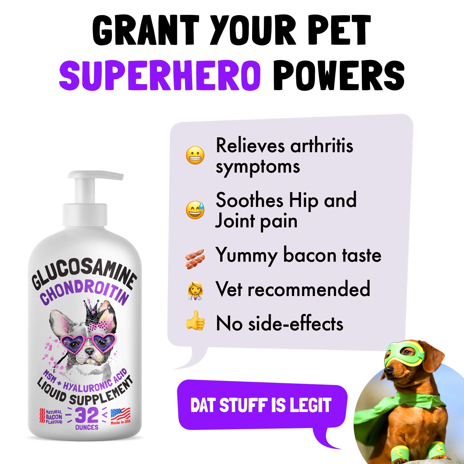 Hemp Hip & Joint Supplement for Dogs 30 Soft Chews and Liquid Glucosamine for Dogs Bacon Flavour with Chondroitin, MSM & Hyaluronic Acid 32 oz