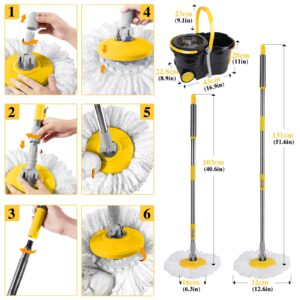 Masthome Spin Mop Bucket Floor Cleaning System with 5 Microfiber Mop Refills, 1 Extra Floor Brush Head & Commercial Loop-End String Wet Mop,for Floor Cleaning (Total 2 Pcs String Mop Heads)