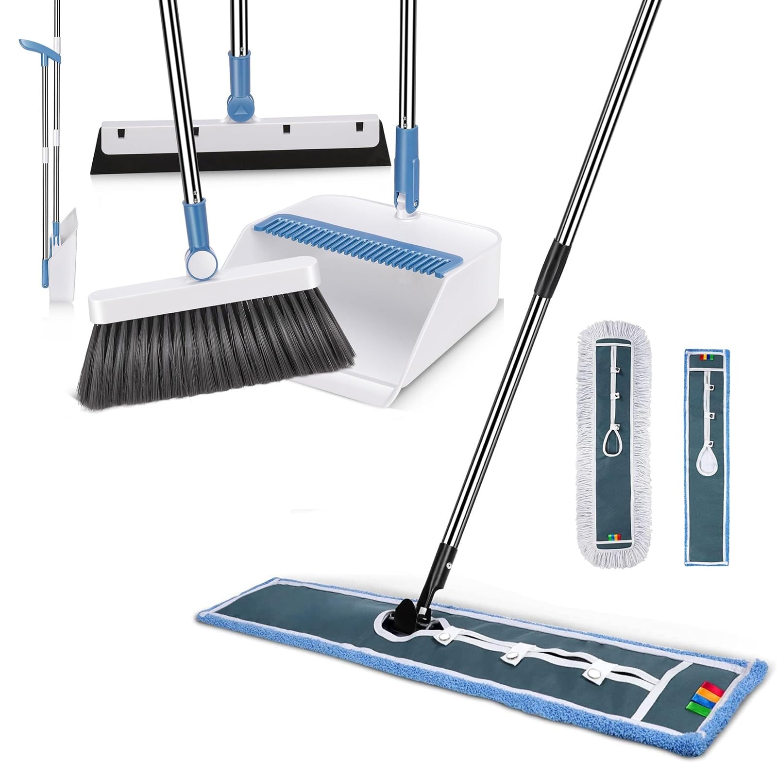 Masthome 42" Large Industrial Mop with 2 Reusable Mop Pads,Commercial Microfiber Mop & Long Handle Lightweight 180 Degree Rotating Broom Set with Squeegee Broom for Floor