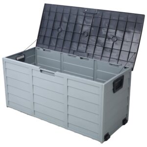 75 gallon deck box, outdoor resin deck box with wheels, all weather uv pool deck box storage shed bin for backyard patio pool, organization and storage for outdoor tools (gray, 75 gallon)