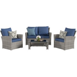 vonzoy 4 pieces patio furniture set, wicker outdoor sectional sofa couch set, grey pe rattan patio conversation sets for balcony, porch, blue