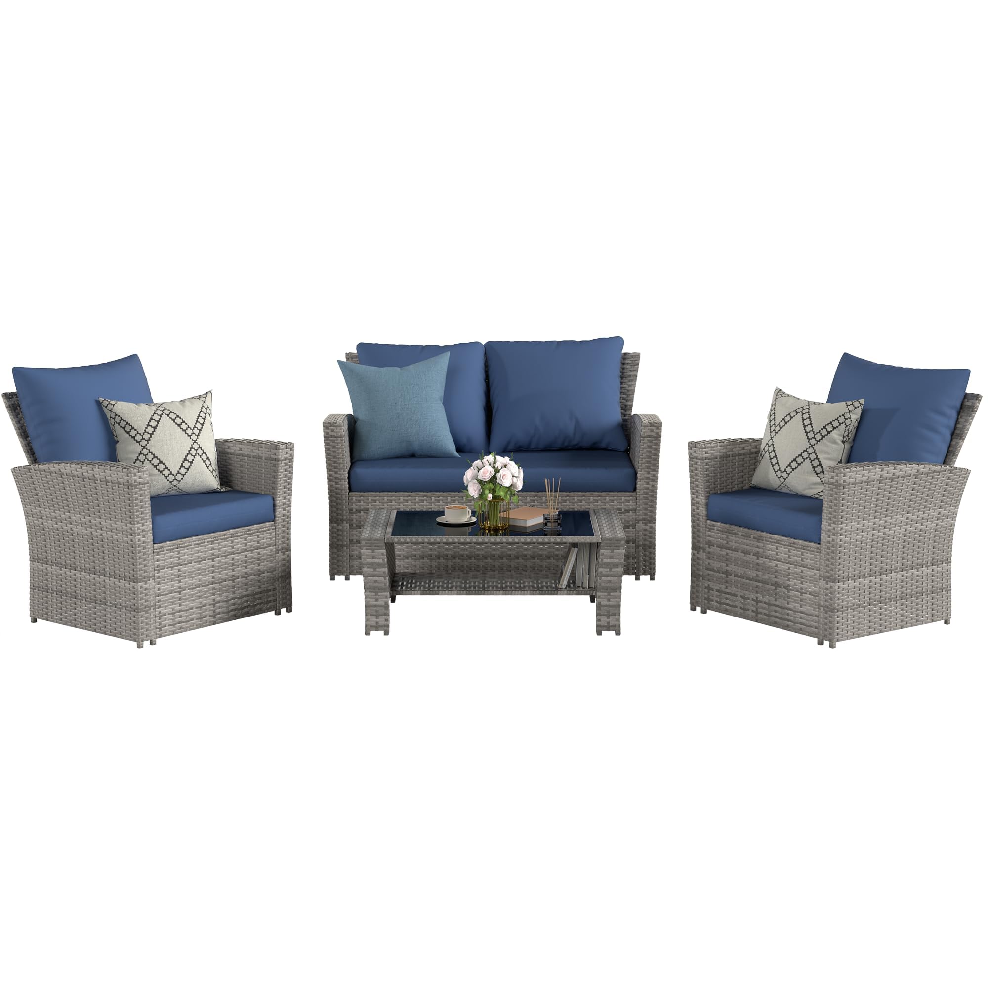 VONZOY 4 Pieces Patio Furniture Set, Wicker Outdoor Sectional Sofa Couch Set, Grey PE Rattan Patio Conversation Sets for Balcony, Porch, Blue