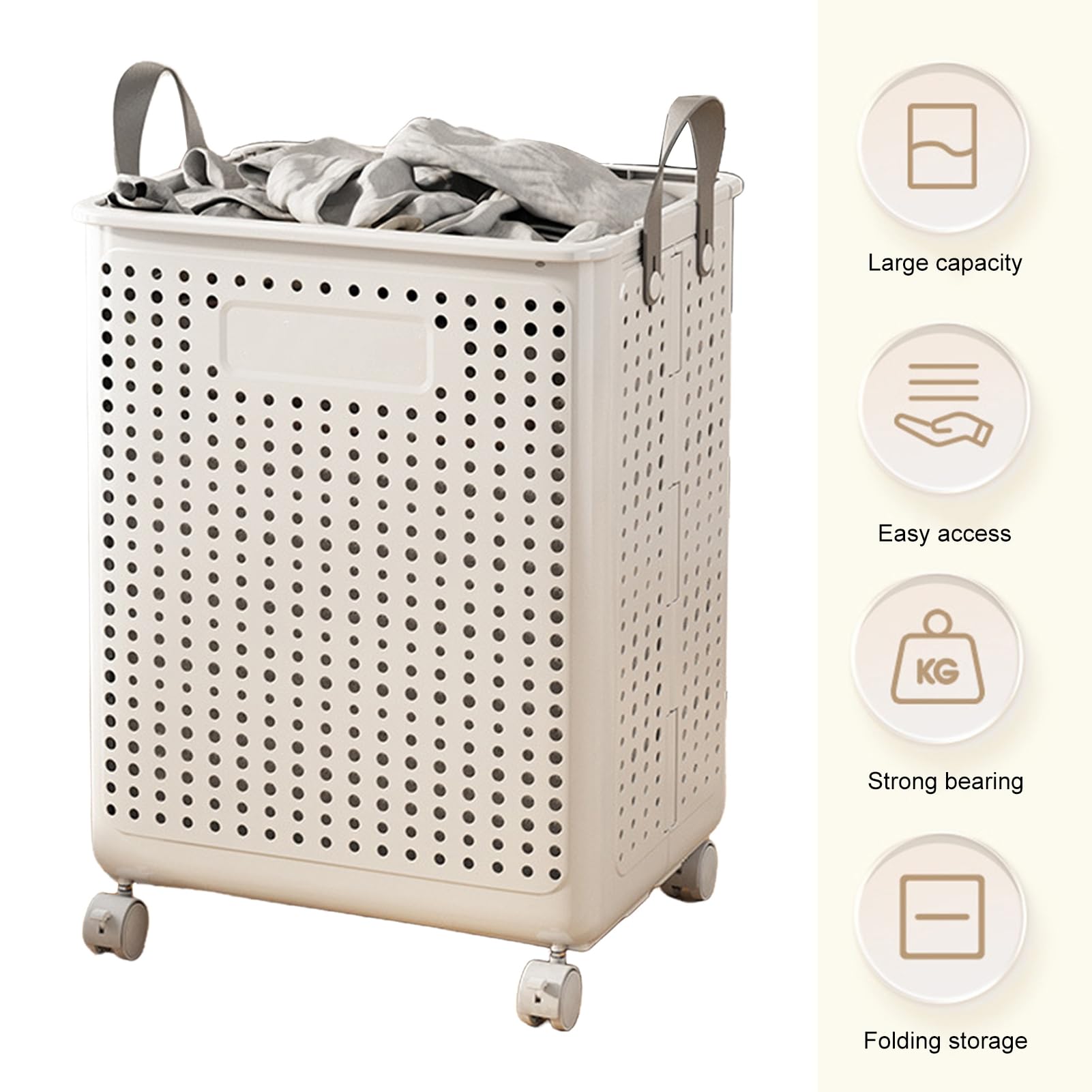 SamFansar Laundry Basket with Wheels, Large Capacity Handle Design, Waterproof Dirty Clothes Storage Hamper Laundry Basket with Breathable Mesh Holes White-L