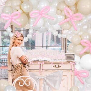 Pink Bow Balloon Arch Kit, 155Pcs Coquette Bows Pearls Balloon Garland Arch, Double Stuffed Pearl Sand White Balloons with Satin Ribbon for Coquette Birthday Decortions, Bridal Shower, Bow Party Decor