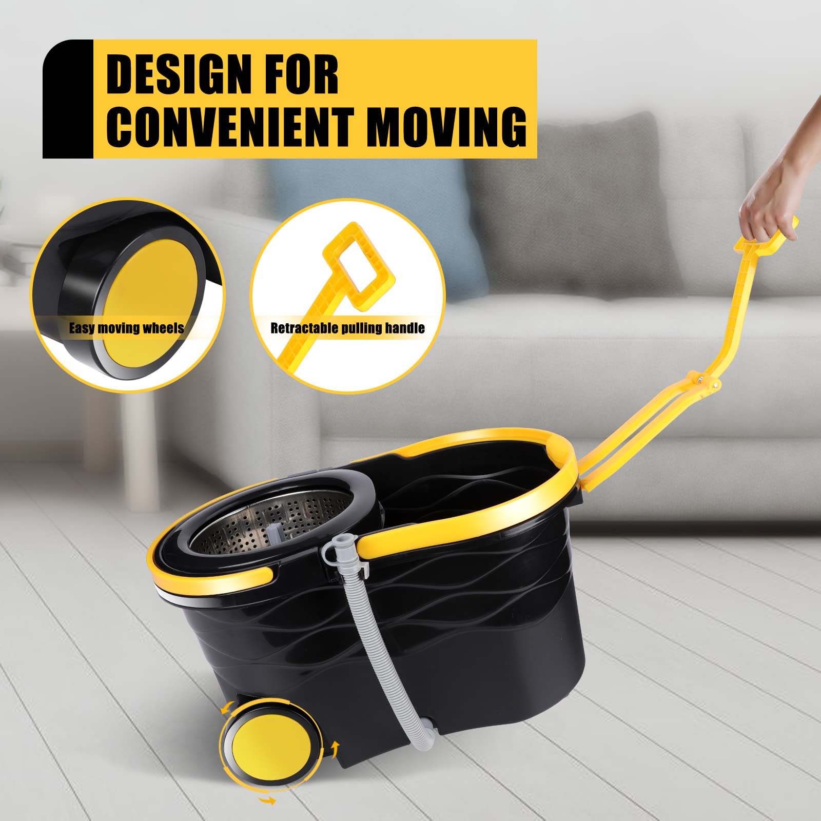 Masthome Spin Mop Bucket Floor Cleaning System with 5 Microfiber Mop Refills, 1 Extra Floor Brush Head & Commercial Loop-End String Wet Mop,for Floor Cleaning (Total 2 Pcs String Mop Heads)