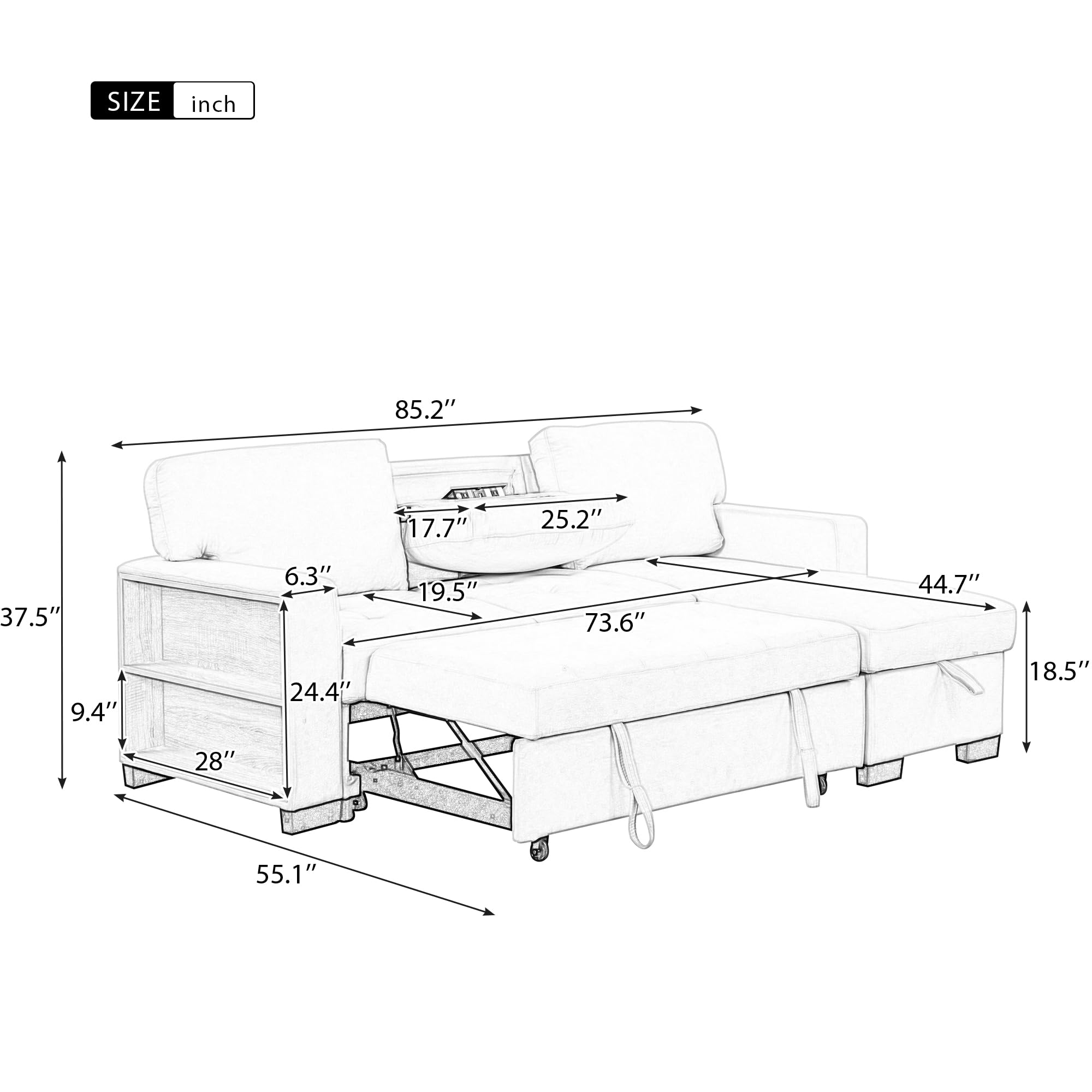 DREAMODERN 85.2-Inch L-Shaped Sectional Sofa Couch Pull-Out Sofa Bed, Modern Upholstered Corner Sofa with Storage Rack, Charging Ports and 2 Cup Holders for Living Room Apartment - Beige