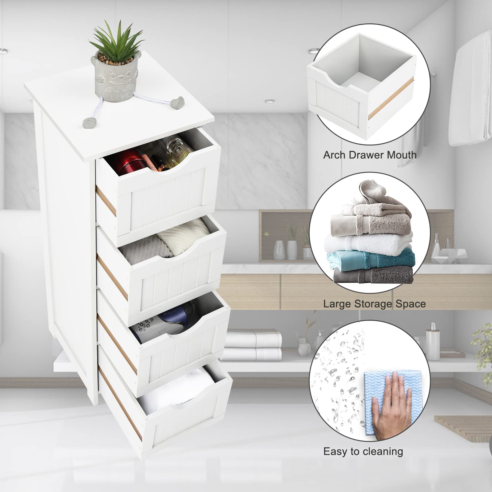 Bonnlo Bathroom Floor Cabinet,White Storage Cabinet with 4 Drawers,Skinny Bathroom Storage,Small Bathroom Drawer Organizers and Storage Free Standing,12 Inch Deep Cabinet for Bathroom