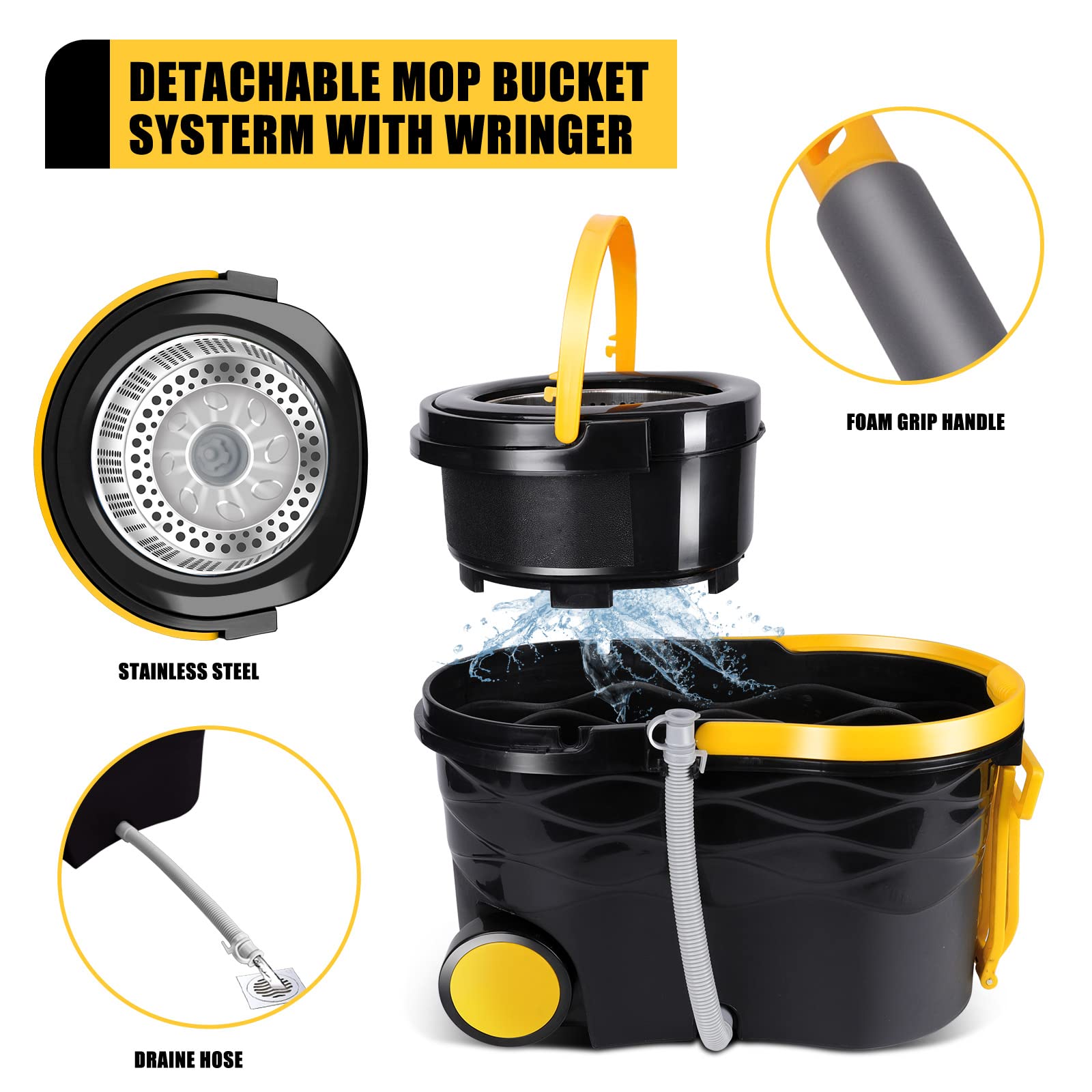 Masthome Spin Mop Bucket Floor Cleaning System with 5 Microfiber Mop Refills, 1 Extra Floor Brush Head & Commercial Loop-End String Wet Mop,for Floor Cleaning (Total 2 Pcs String Mop Heads)