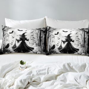 Erosebridal Twin Witch Comforter Cover, Happy Halloween Duvet Cover for Kids Boys Teens Adult Room, Pumpkin Lantern Bedding Set Bat Raven Gothic Spooky Bed Set with 1 Pillow Case, Grey White