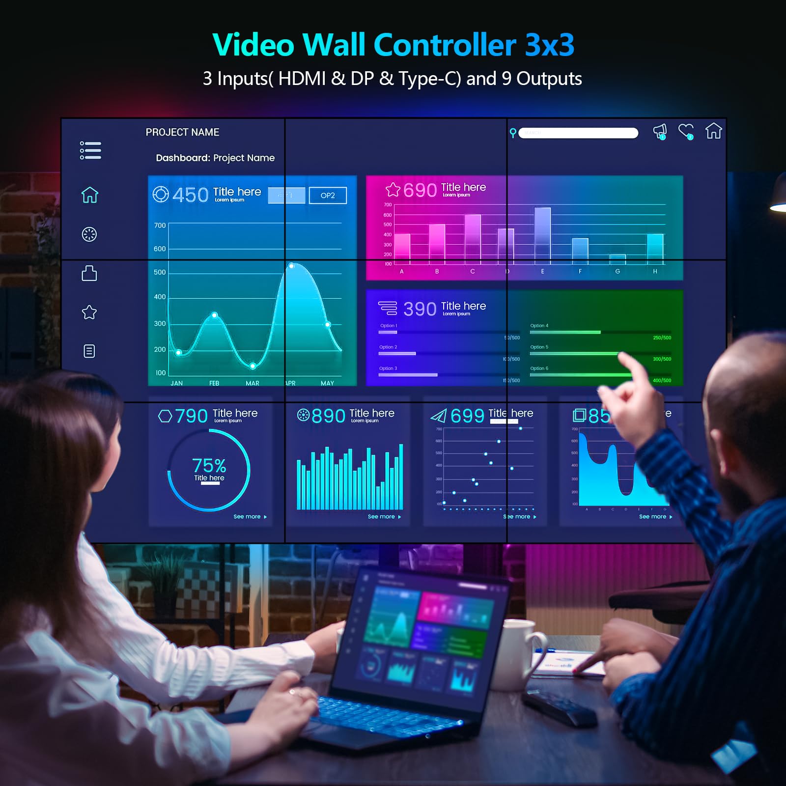 4K Video Wall Controller 3x3, HDMI & DP & Type-C Inputs, RIUIIN TV Wall Controller with 18 Modes, 180° Rotation, Edge Masking, Audio and IR Remote, 9 tv Screens into 1 Wall Display