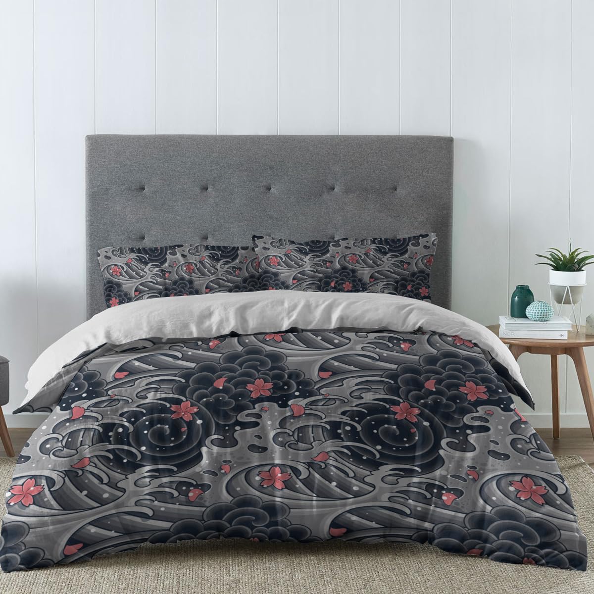 ALAGEO 4 Piece Bedding Sets Sea Wave Duvet Cover Set Japanese Style Comforter Cover Set Including 1 Quilt Cover 1 Bed Sheet 2 Pillow Cases, Queen Size