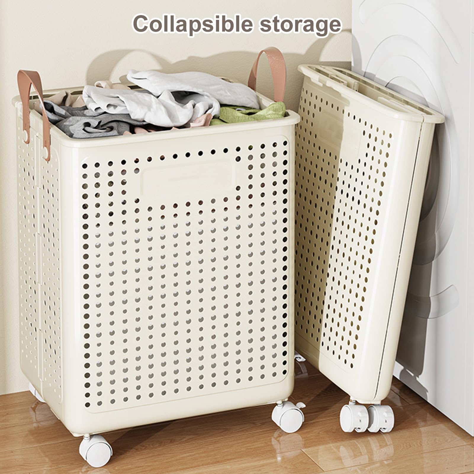 SamFansar Laundry Basket with Wheels, Large Capacity Handle Design, Waterproof Dirty Clothes Storage Hamper Laundry Basket with Breathable Mesh Holes White-L