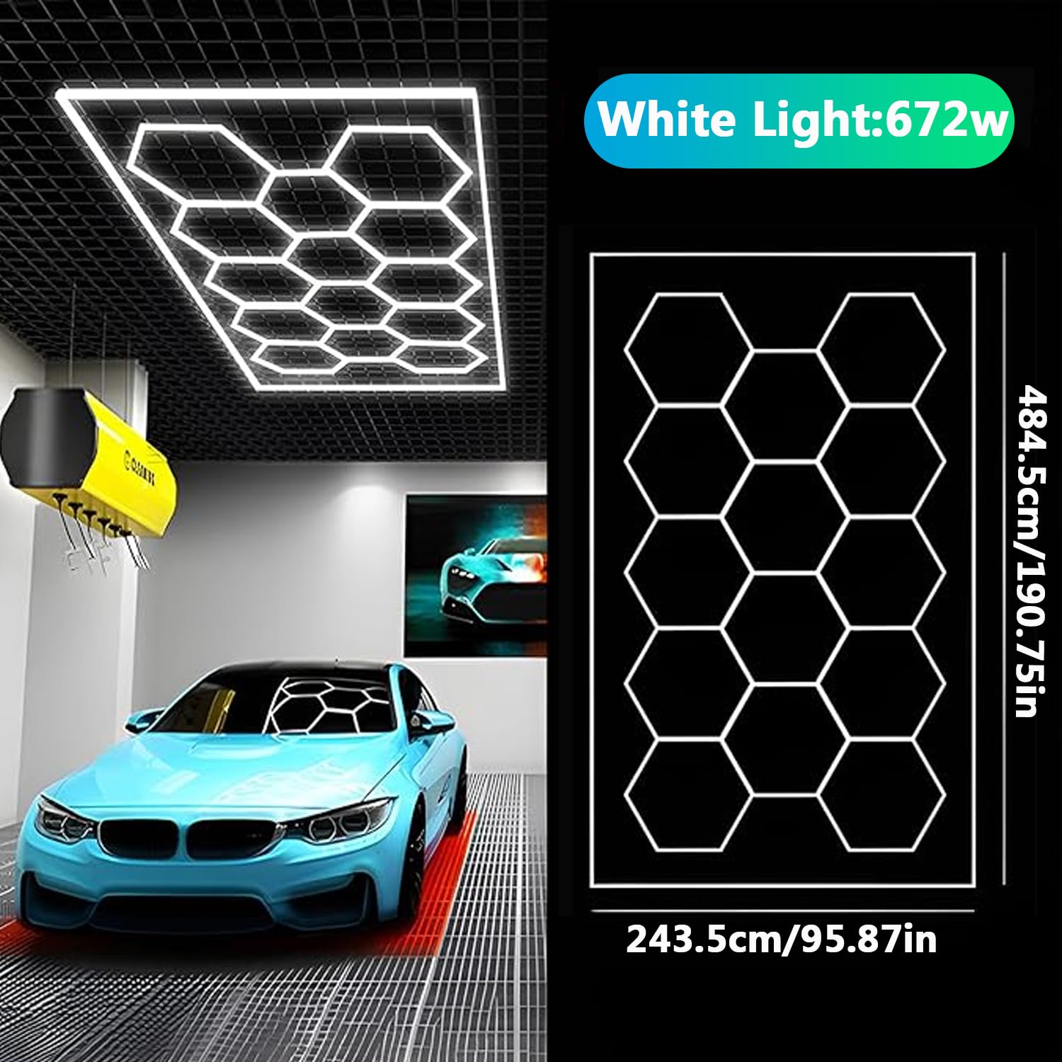 DHXYHQY Hexagon Lights, Hexagon Garage Lights with Rectangle Frame, Hexagon LED Lights 90,000 LM, 672W, 6,500K, 14 Hex Grid for Garage, Car Detailing, Ceilings, Shops, Warehouses, Gyms