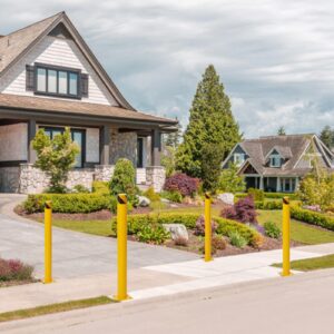 4 Packs 48 Inch Height Bollard Post, Iron Steel Safety Bollard Parking Barrier for Parking Lot, Yellow Driveway Security Bollards for Traffic Control, Parking&Traffic-Sensitive Area