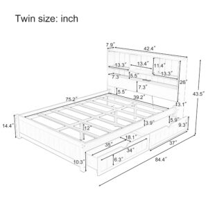 Twin Size Platform Bed with Bookcase Headboard, USB Charging Station and Downlight,Wood Twin Bed Frames with 2 Storage Drawers,Twin Storage Bed Frames for Kids Girls Boys,White