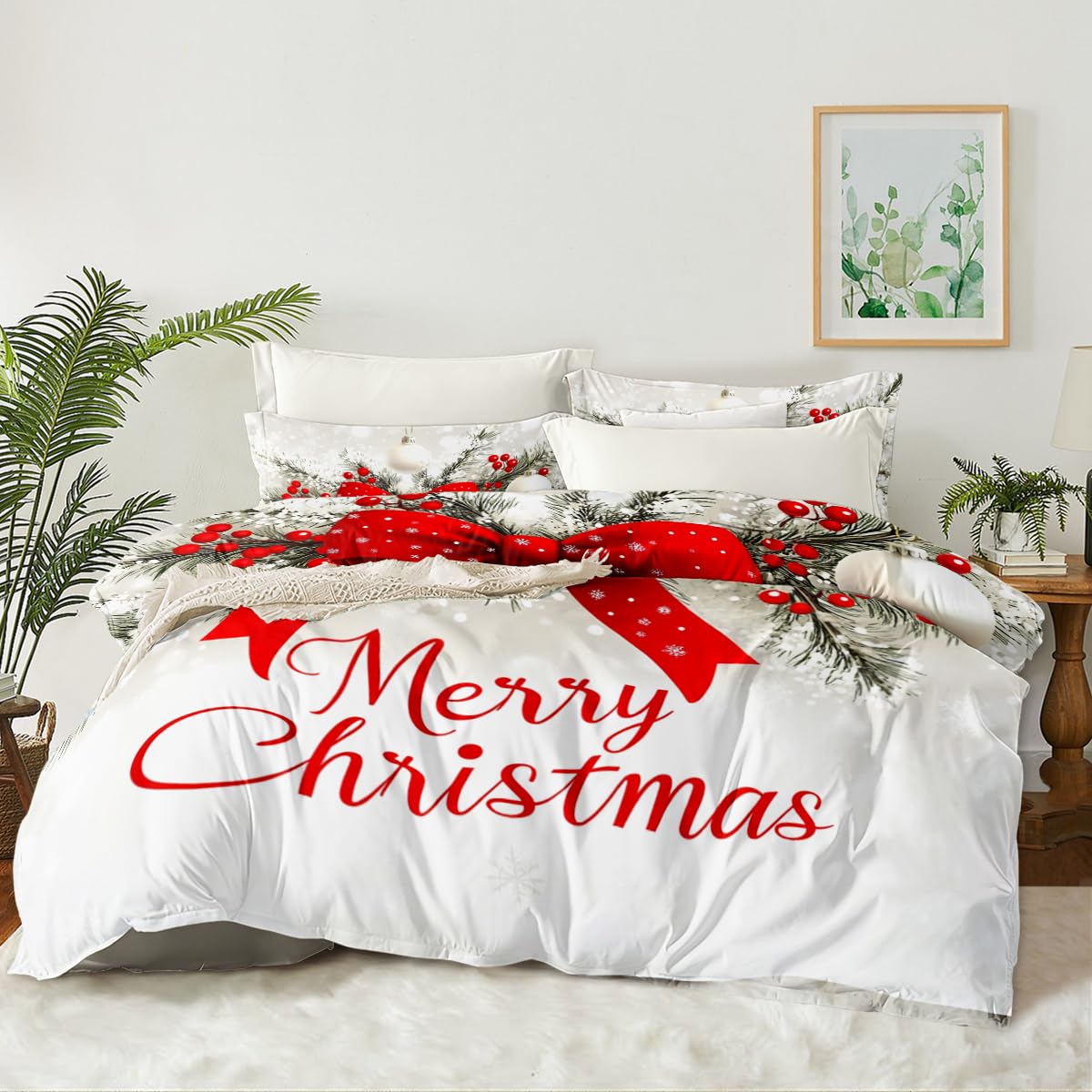 CCoutueChen Xmas Duvet Cover Queen Red White Christmas Comforter Cover Farmhouse Holiday Decor Duvet Cover Set 3Pcs (2 Pillowcases, No Comforter)