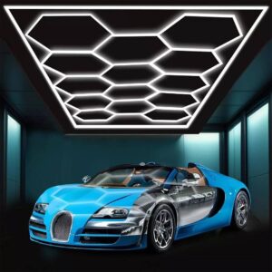 dhxyhqy hexagon garage lights with rectangle frame, high brightness 672w 90000lm 6500k, hexagon honeycomb lights, 14 hex grid for garage, shop, basement, car detailing shop etc.