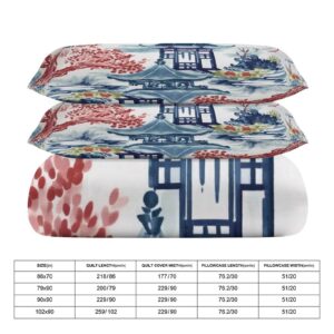 Madcolitote White Blue Coral Chinese Pagoda Duvet Cover Sets King Size Soft 3 Pieces Chinoiserie Asian Inspired Cover with Zipper Bedding Full Set with Pillow Shams