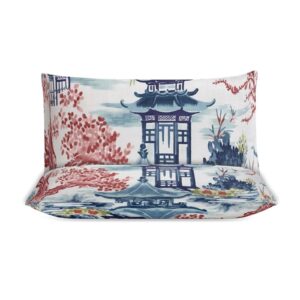 Madcolitote White Blue Coral Chinese Pagoda Duvet Cover Sets King Size Soft 3 Pieces Chinoiserie Asian Inspired Cover with Zipper Bedding Full Set with Pillow Shams