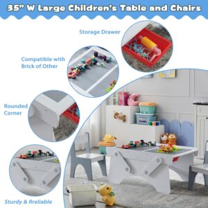 IFBUY 35" Wide Toddler Table and 2 Chairs Set with Storage Drawer, Kids Wooden Activity Desk for Ages 3-10, Compatible with Most Building Blocks, for Boys and Girls, Light Grey