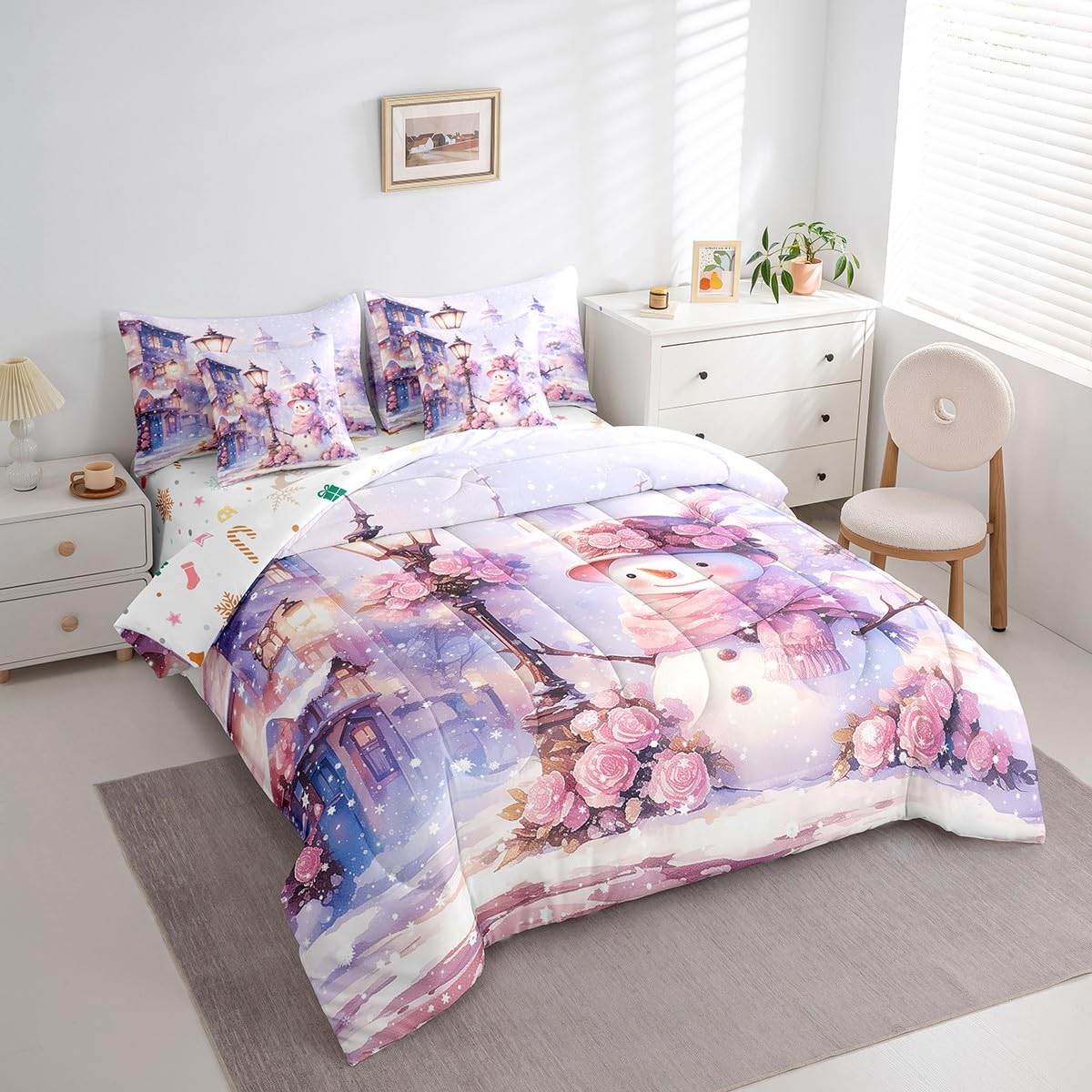 Feelyou Kids Christmas Bed in A Bag Queen Size, Snowman 7 Pieces Bedding Set Boys Girls Snowflake Comforter Set with Sheets Rose Floral Flower Teens Bed Set Bedroom Decor 7Pcs