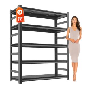 metal garage shelving unit, heavy duty 5-tier adjustable storage rack, steel frame, 3000 lbs capacity, industrial strength shelves for heavy tools and equipment, ideal for garage, basement, black, 72"