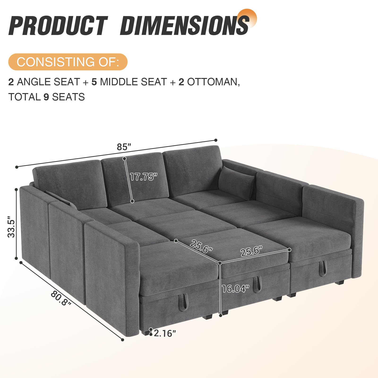 Apicizon Grey Modular Storage Ottoman for Couch Living Room Sectional Sofa Module Free Reversible Chaise Couch Convertible Ottoman Free Configuration Ottoman, Dark Grey