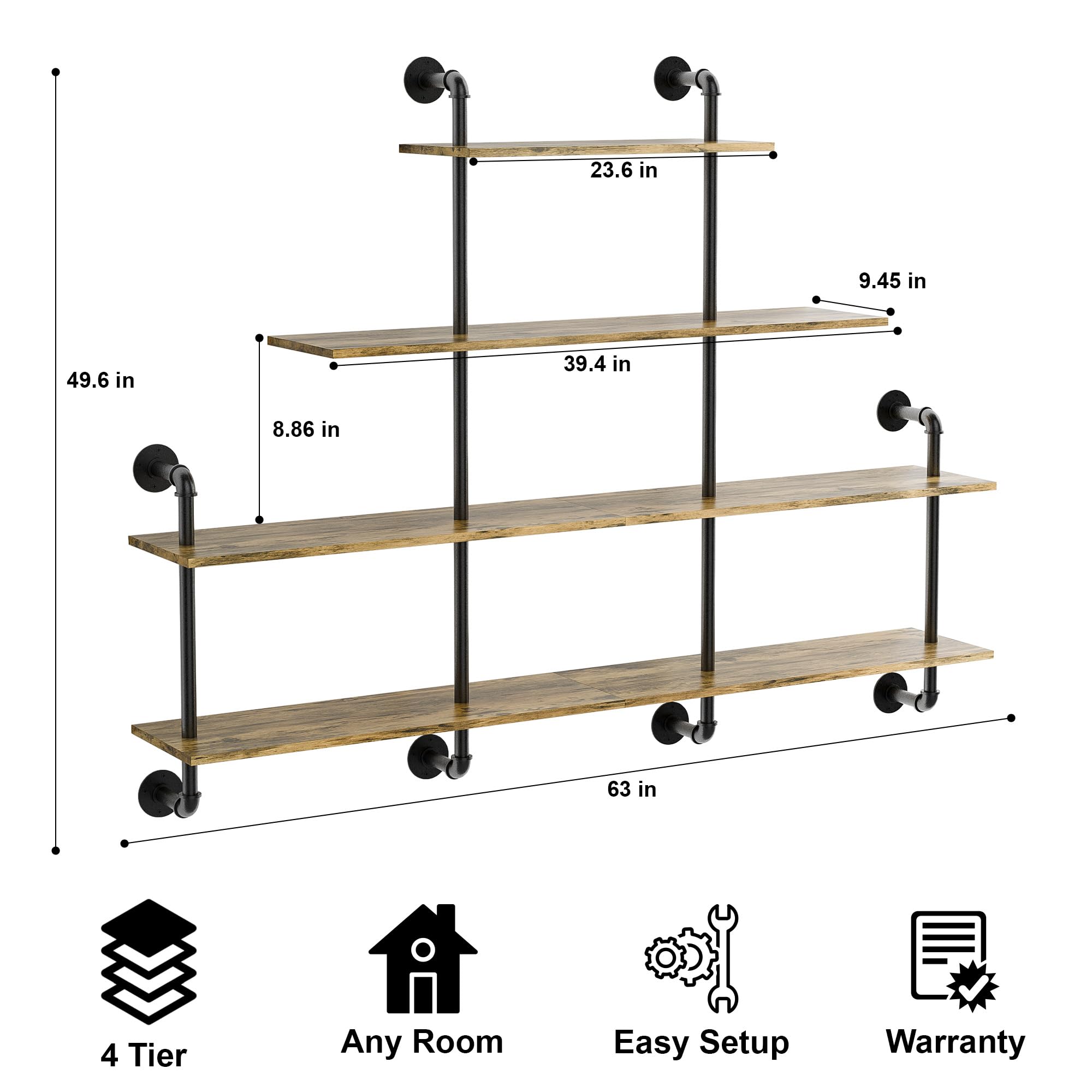 WFSRESTD Industrial Pipe Shelving, 4 Tier Rustic Wooden Floating Shelves, Wall Display Bookshelf, Storage Rack Sundries Holder for Kitchen Office Bathroom Organization and Home Decor