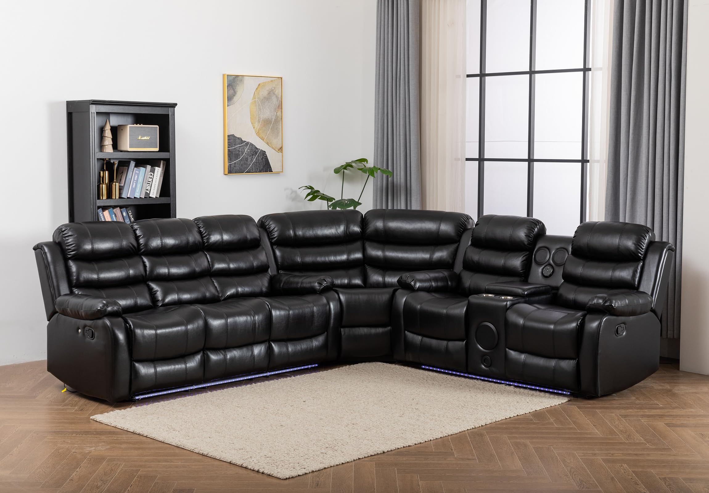 Recliner Sectional Sofa Couches with LED Light for Living Room Home Theater with Cup Holders Console Table Storage