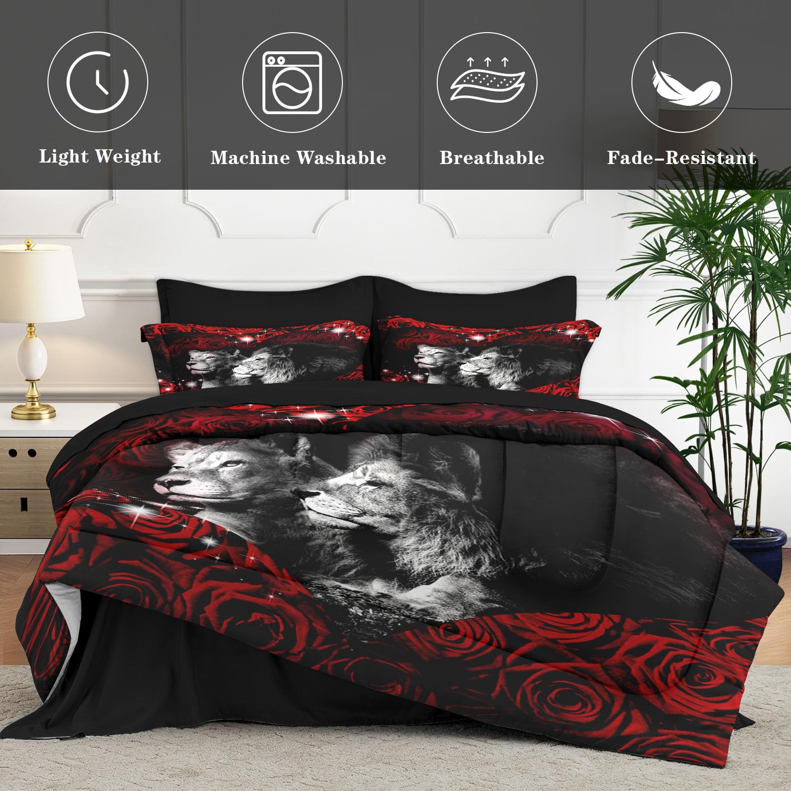 Pinbeam 7 Pcs Comforter Set King Size, Lion Animal African Bed in a Bag with Flat Sheet and Fitted Sheet for Kids and Adults, Red Rose Flowers Bedding Set with 2 Pillowcases & 2 Shams