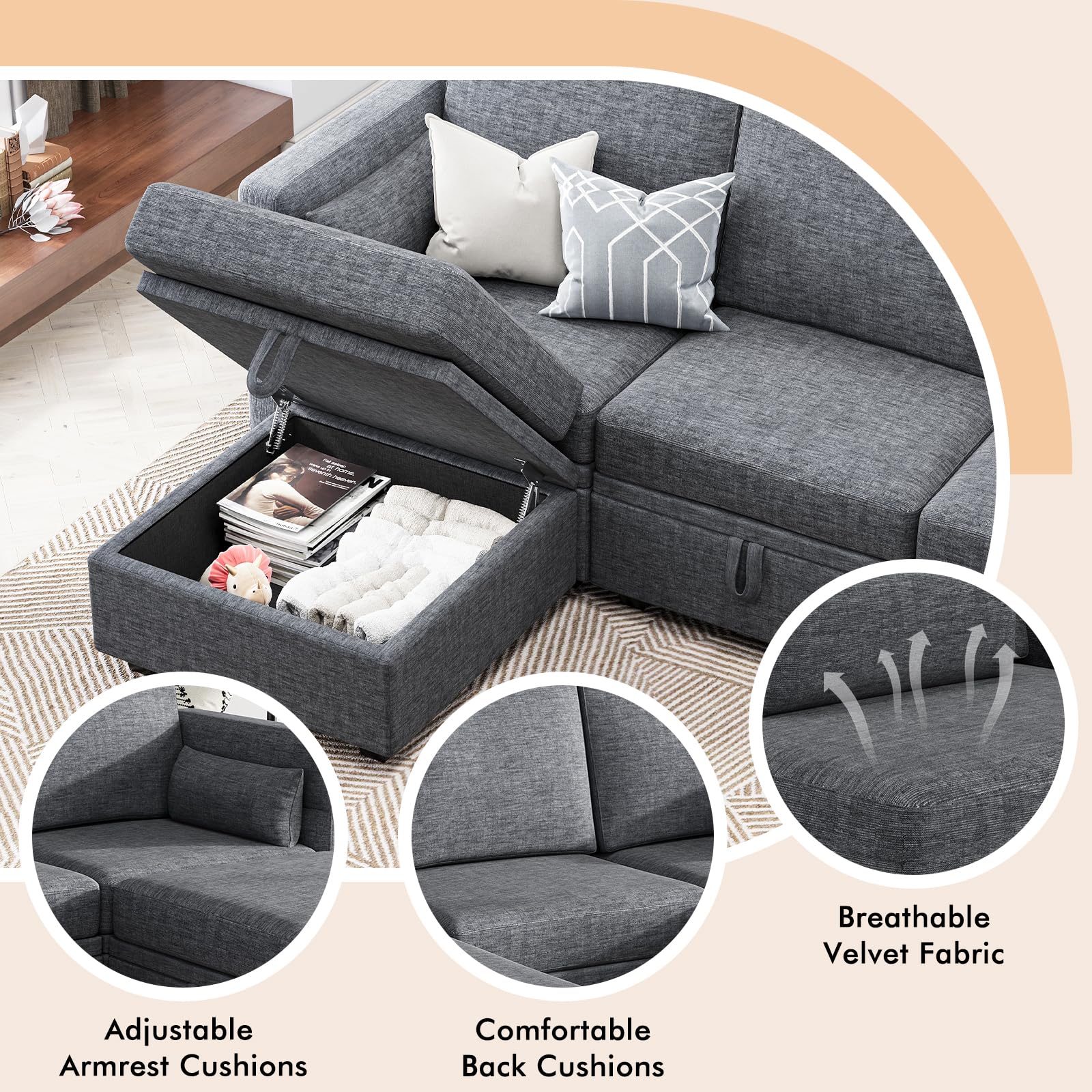 Apicizon Grey Modular Storage Ottoman for Couch Living Room Sectional Sofa Module Free Reversible Chaise Couch Convertible Ottoman Free Configuration Ottoman, Dark Grey