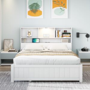 Twin Size Platform Bed with Bookcase Headboard, USB Charging Station and Downlight,Wood Twin Bed Frames with 2 Storage Drawers,Twin Storage Bed Frames for Kids Girls Boys,White