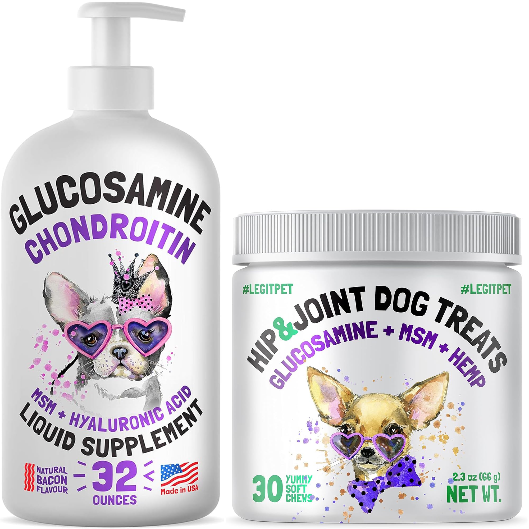 Hemp Hip & Joint Supplement for Dogs 30 Soft Chews and Liquid Glucosamine for Dogs Bacon Flavour with Chondroitin, MSM & Hyaluronic Acid 32 oz