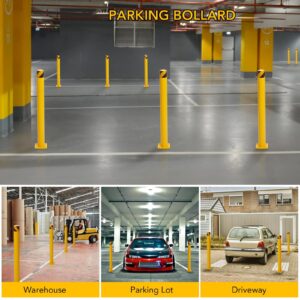 4 Packs 48 Inch Height Bollard Post, Iron Steel Safety Bollard Parking Barrier for Parking Lot, Yellow Driveway Security Bollards for Traffic Control, Parking&Traffic-Sensitive Area