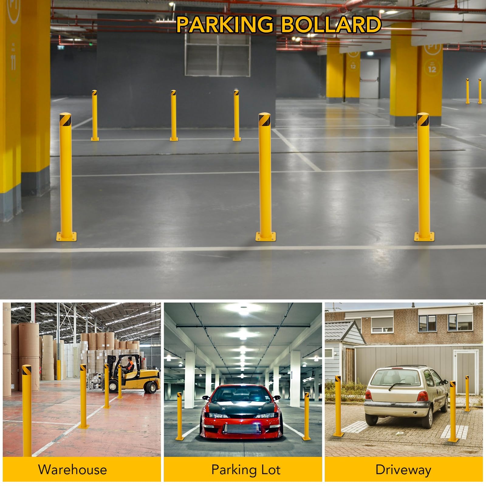 4 Packs 48 Inch Height Bollard Post, Iron Steel Safety Bollard Parking Barrier for Parking Lot, Yellow Driveway Security Bollards for Traffic Control, Parking&Traffic-Sensitive Area