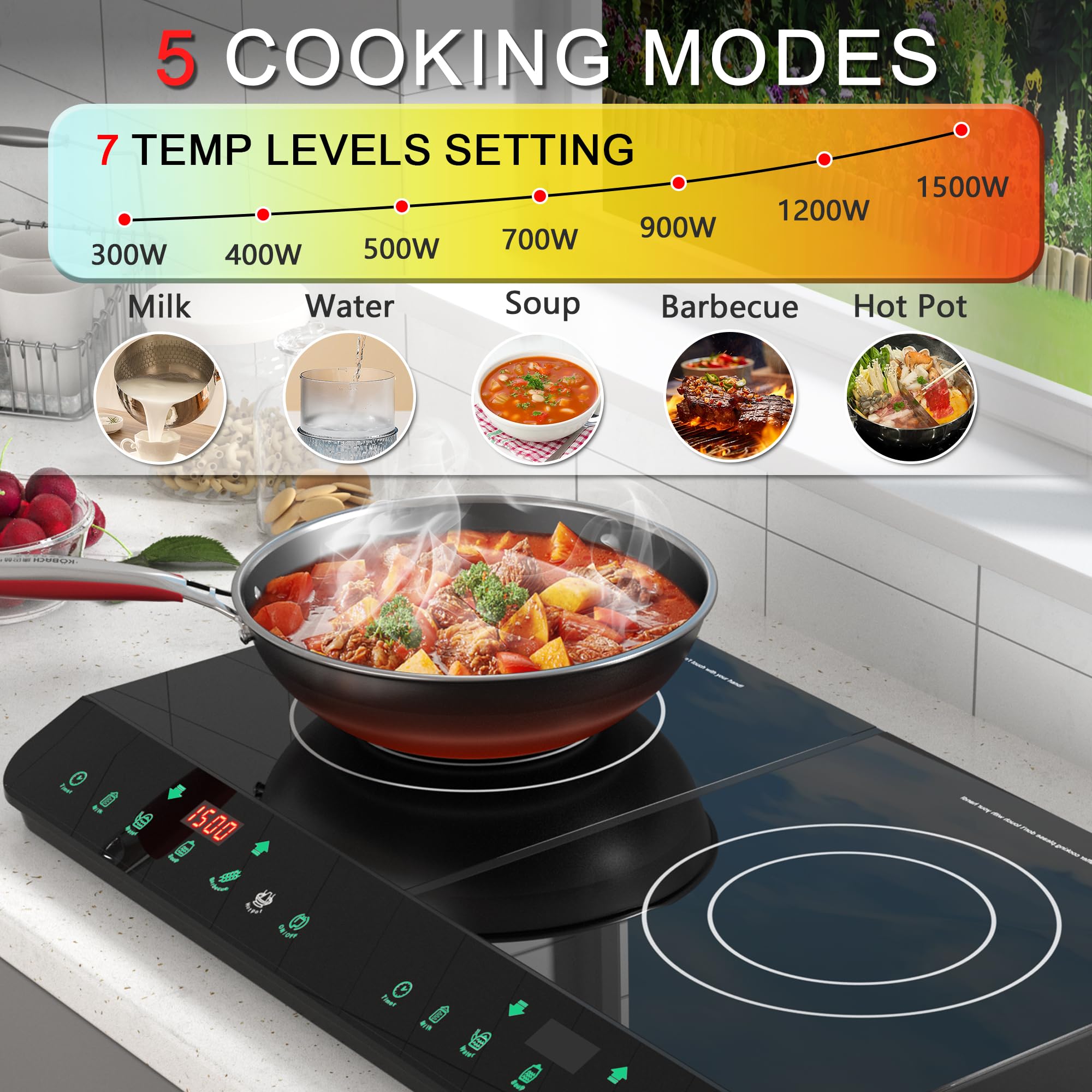 Induction Cooktop 2 Burner,1500W Double Induction Cooktop with LED Sensor Touch Screen 7 Temperature 5 Power Setting 120V 2 Burner Electric Induction Cooktop