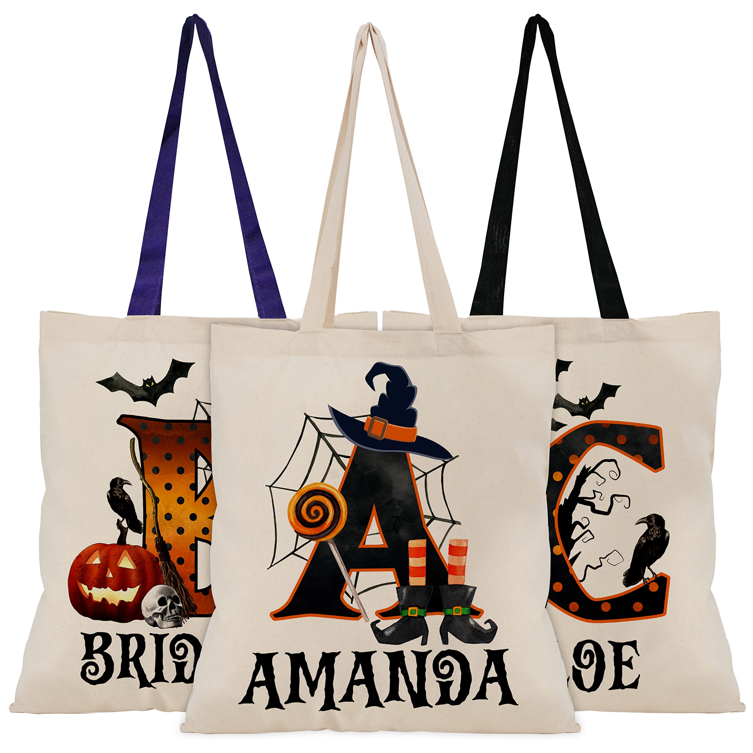 Custom Name & Initials Halloween Tote Bags - Personalized Trick or Treat Bag with Pumpkin & Skeleton - Reusable 15x16" Gift Bag for Everyday Use & Halloween Parties - Fun Designs