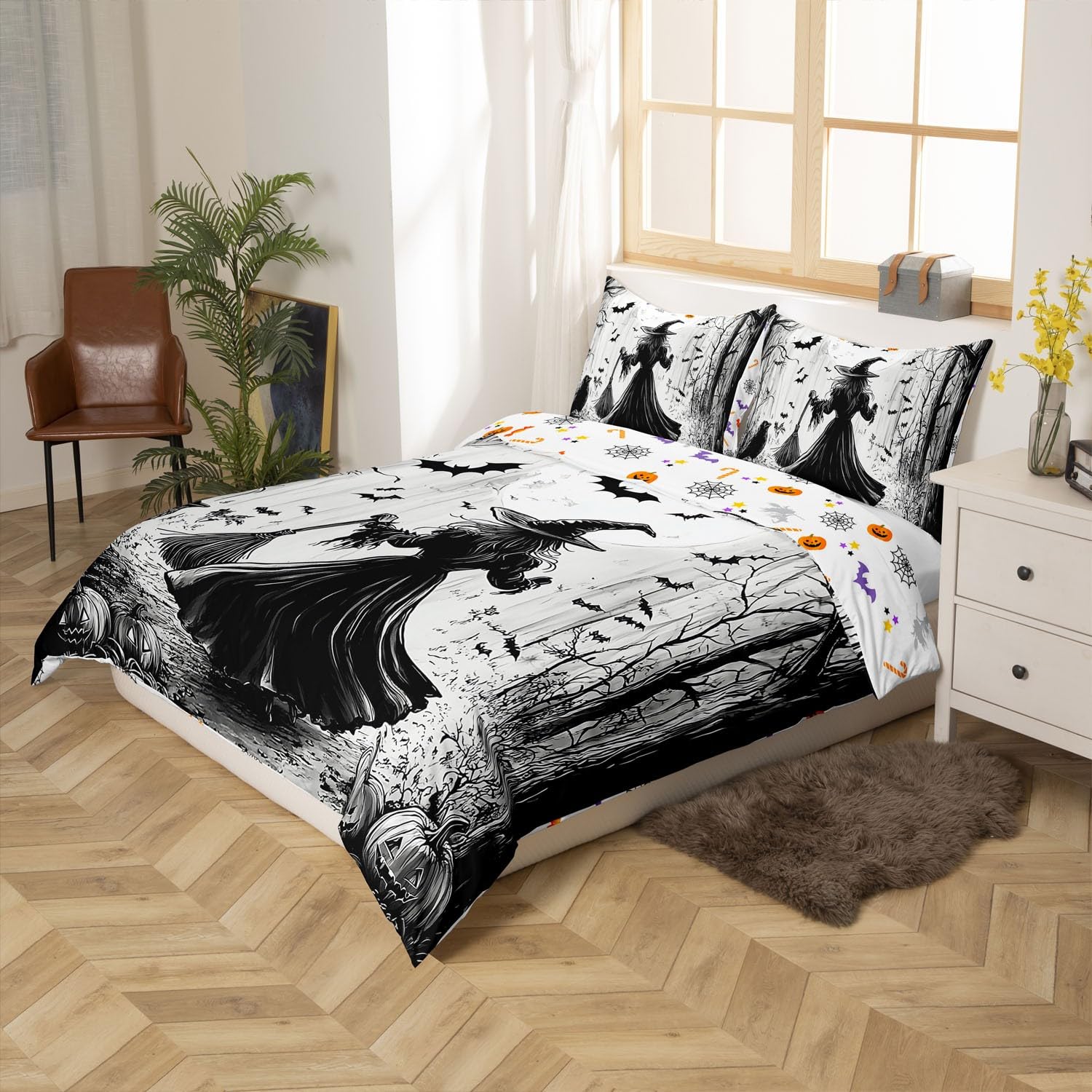 Erosebridal Twin Witch Comforter Cover, Happy Halloween Duvet Cover for Kids Boys Teens Adult Room, Pumpkin Lantern Bedding Set Bat Raven Gothic Spooky Bed Set with 1 Pillow Case, Grey White