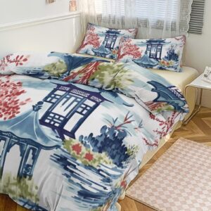 madcolitote white blue coral chinese pagoda duvet cover sets king size soft 3 pieces chinoiserie asian inspired cover with zipper bedding full set with pillow shams