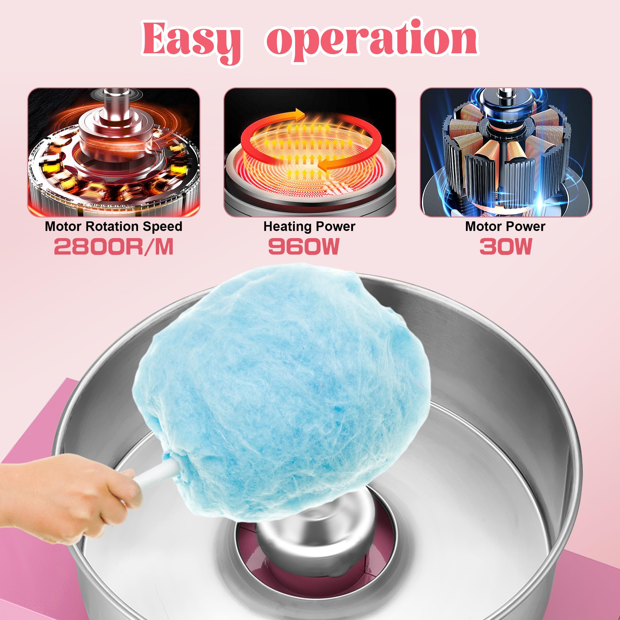 Rengue Cotton Candy Machine Commercial, 1000W Electric Cotton Candy Maker, Cotton Candy Machinewith Stainless Steel Bowl, Sugar Scoop, Storage Drawer, Perfect for Family Party, Kids Birthday