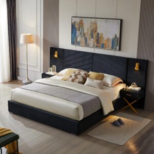 olodumare luxurious king platform bed frame, velvet upholstered headboard with 2 built-in wall sconces & nightstands, sturdy metal & solid wood frame, squeak-free, no box spring needed, polar black