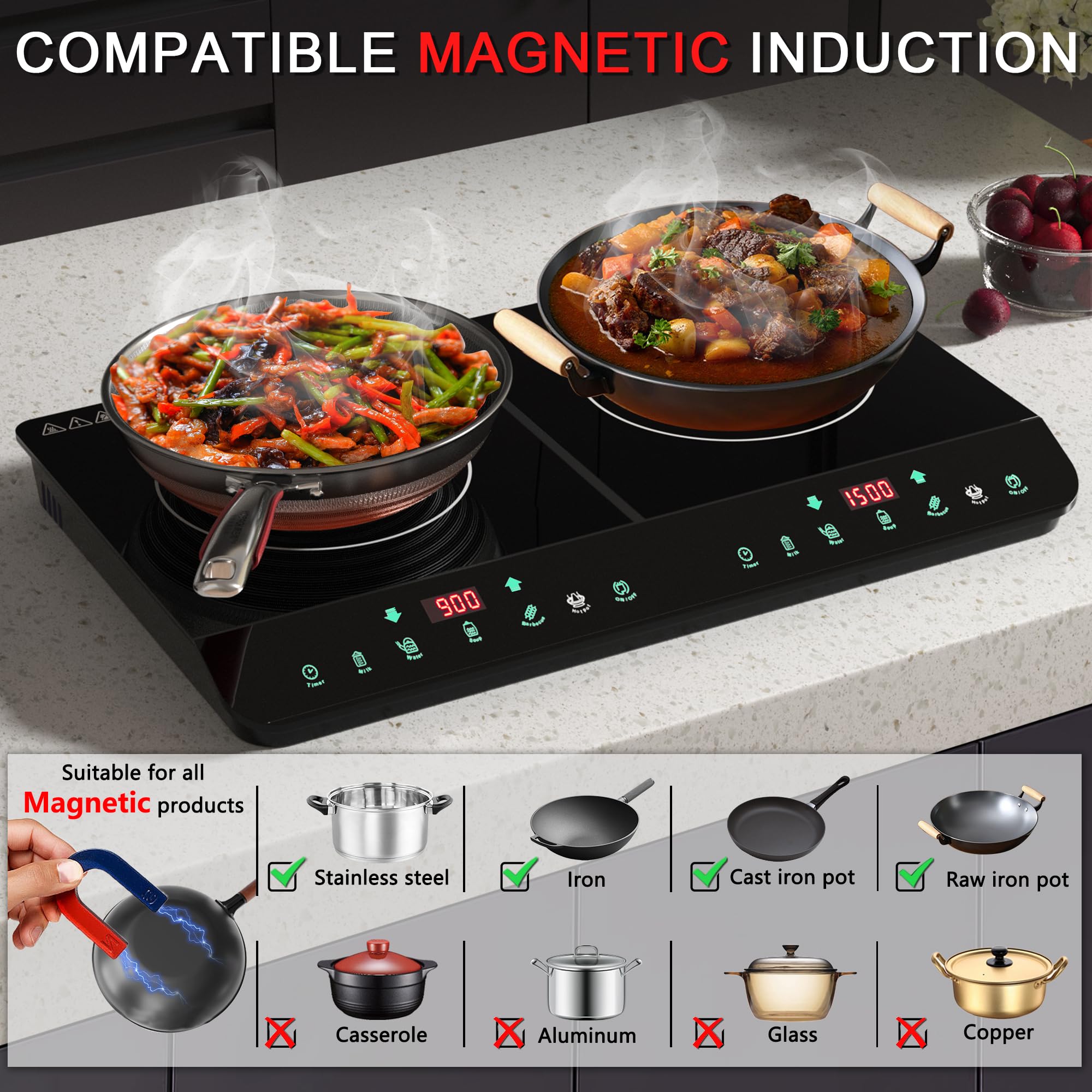 Induction Cooktop 2 Burner,1500W Double Induction Cooktop with LED Sensor Touch Screen 7 Temperature 5 Power Setting 120V 2 Burner Electric Induction Cooktop