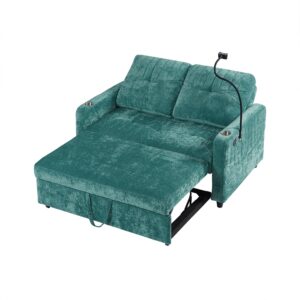 3 in 1 Convertible Sleeper Sofa Bed, Modern Chenille Loveseat Pull Out Couch Bed with Cup Holder & USB Port, Phone Holder and Adjustable Backrest, Loveseat Lounge for Living Room Office (Teal/)