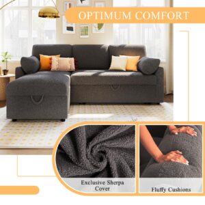 PaPaJet Sofa Bed, Sleeper Sofa with Storage Chaise, L Shaped Sofa with Pull Out Bed, Oversized Sofas for Living Room-Dark Grey Boucle