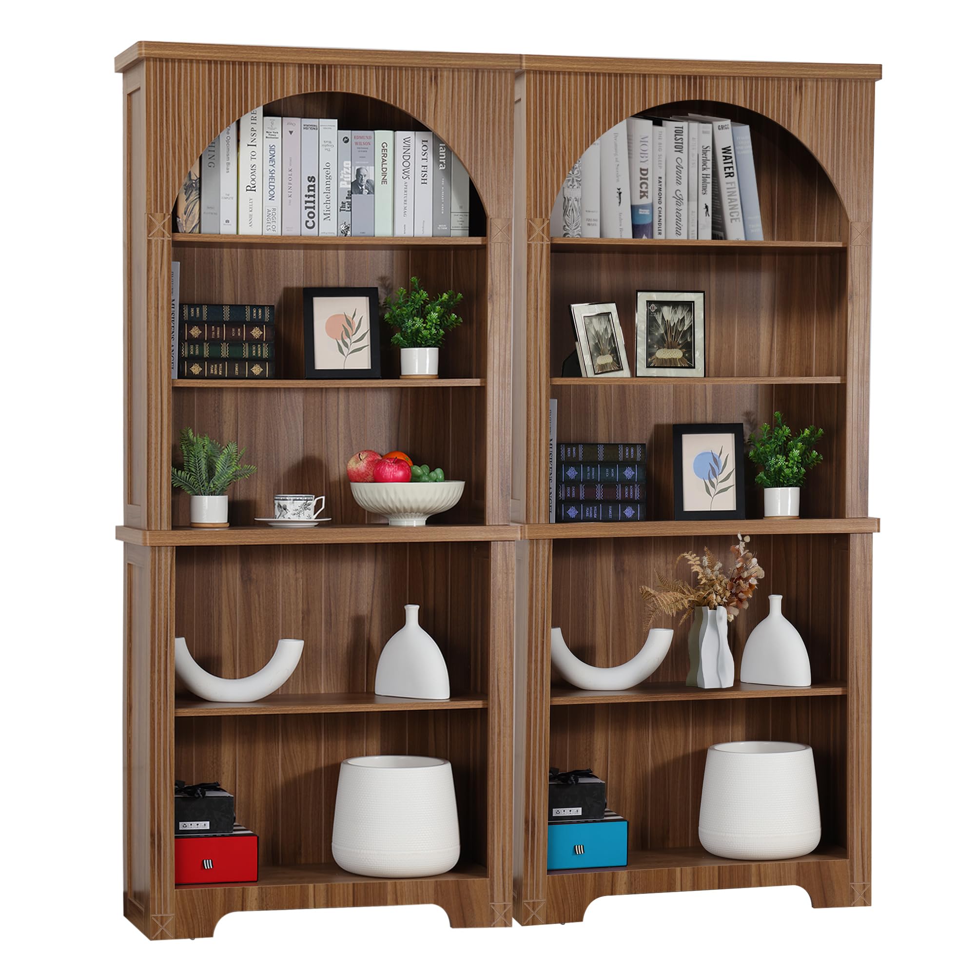 FurSch 71" Tall Arched Book Shelf,Walnut 5 Tier Wooden Arched Bookshelf,Arched Storage Cabinet Pantry for Living Room,Bedroom