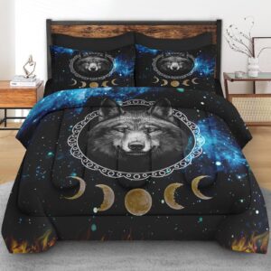 Pinbeam 5 Pcs Comforter Set Twin Size, Wolf Animal Dog Bed in a Bag with Flat Sheet and Fitted Sheet for Kids and Adults, Starry Space Galaxy Bedding Set with Pillowcase & Sham